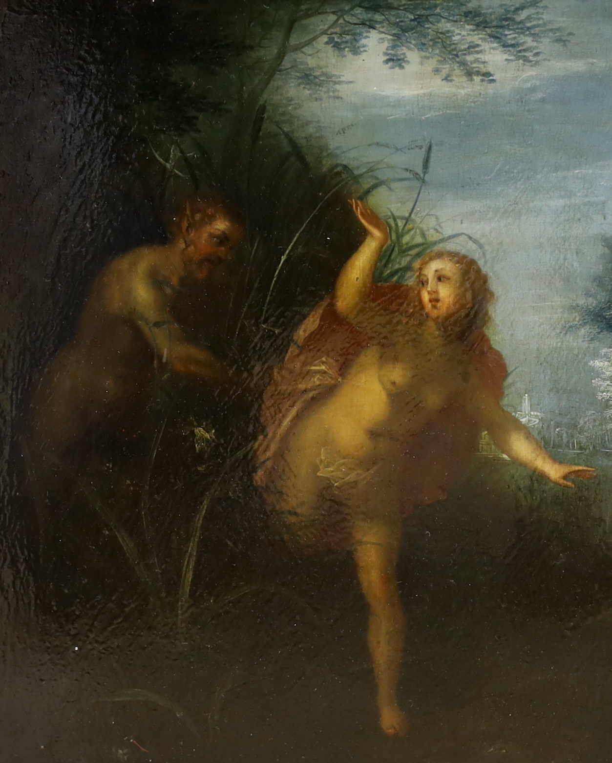 After Hendrick Van Balen the Elder (Flemish, 1575-1632), oil on panel, 'Pan pursuing Syrinx', 28 x 22cm, ornate gilt frame
